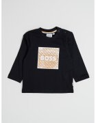 BOSS Kidswear Bluza de bumbac cu decolteu la baza gatului si logo - Negru/Maro deschis