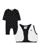 BOSS Kidswear Set de salopeta cu model logo si vesta din material teddy - 2 Piese - Alb/Negru