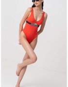 Calvin Klein Costum de baie intreg cu detaliu logo - Negru/Portocaliu mandarina