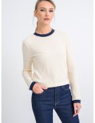 Calvin Klein Jeans Pulover striat cu decolteu la baza gatului - Bej deschis