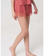 Calvin Klein Pantaloni scurti de pijama de satin cu garnituri de dantela - Rosu