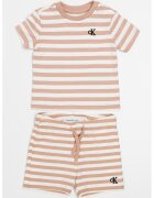 Calvin Klein Set de pantaloni scurti si tricou cu model in dungi - 2 Piese - Maro taupe deschis/Alb murdar