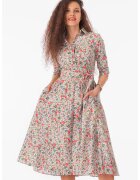 CAMISSI Rochie-camasa evazata cu cordon in talie - Alb/Verde/Coral