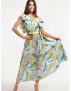CAMISSI Rochie cu croiala in A - model si cordon in talie - Alb fildes/Turcoaz/Galben mustar