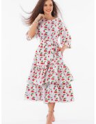 CAMISSI Rochie evazata cu imprimeu cu fructe - Rosu/Alb/Verde