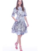 CAMISSI Rochie evazata cu model floral si cordon in talie - Alb/Gri/Roz