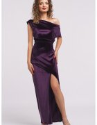 CAMISSI Rochie maxi catifelata cu decolteu pe un umar si slit frontal - Mov inchis