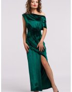 CAMISSI Rochie maxi catifelata cu decolteu pe un umar si slit frontal - Verde englez