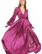 CAMISSI Rochie maxi evazata cu slit si model petrecut - Roz zmeuriu