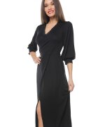 CAMISSI Rochie midi cu decolteu in V si slit frontal - Negru
