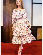 CAMISSI Rochie midi cu maneci bufante - Rosu/Verde/Alb optic
