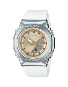 Casio Ceas G-SHOCK 40 mm - curea alba din cauciuc - carcasa din inox - cadran auriu - rezistent la apa 20 ATM