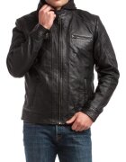 Chyston Sacou din piele Leif - negru - cu gluga detasabila - 4 buzunare - pentru barbati -