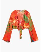 Desigual Bluza crop de plaja cu imprimeu tropical si design innodat - Rosu/Verde/Portocaliu mandarina