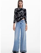 Desigual Bluza cu decolteu la baza gatului si imprimeu - Negru/Alb murdar