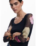 Desigual Bluza cu maneci din plasa cu model floral - Verde/Negru/Roz