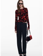 Desigual Pulover tricotat fin cu terminatii striate - Negru/Rosu inchis