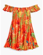 Desigual Rochie cu decolteu pe umeri si imprimeu - Verde/Portocaliu mandarina/Albastru
