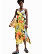Desigual Rochie de plaja cu imprimeu tropical si model petrecut - Galben