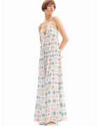 Desigual Rochie maxi cu model si decolteu in V - Alb fildes/Violet/Turcoaz