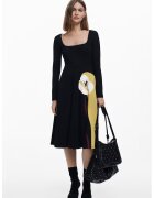 Desigual Rochie midi din amestec de bumbac cu decolteu patrat - Negru/Maro nisip