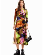 Desigual Rochie midi evazata cu slit lateral - Roz pastel/Portocaliu mandarina/Verde aquamarin