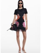 Desigual Rochie scurta cu model floral si 2-in-1 - Negru/Roz pal