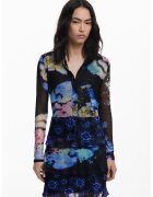 Desigual Rochie stratificata cu model 2 in 1 si maneci lungi - Negru/Albastru/Transparent