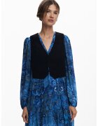 Desigual Set de rochie midi cu decolteu in V si model paisley si vesta - 2 piese - Negru/Albastru royal