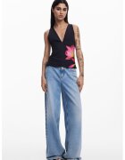 Desigual Top cu imprimeu floral si decolteu adanc in V - Negru/Roz/Verde feriga