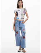 Desigual Tricou crop cambrat cu imprimeu cu Mickey&Minnie - Alb/Gri deschis