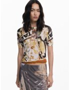 Desigual Tricou cu decolteu la baza gatului si model abstract - Alb fildes/Negru/Portocaliu