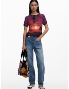 Desigual Tricou cu decolteu la baza gatului si model cu peisaj - Negru/Portocaliu/Violet