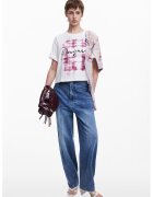 Desigual Tricou cu logo si decolteu rotund - Alb/Violet