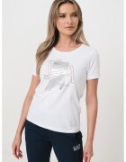 EA7 Tricou cu decolteu rotund si imprimeu logo - Alb/Maro taupe/Argintiu