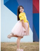 EMMA concept wear Rochie evazata cu terminatie din tul - Galben pai/Roz pal