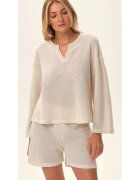 Esotiq Set pentru femei bluza cu maneca lunga si pantaloni scurti cu talie inalta - poliester - casual - crem