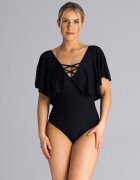 Figl Body decolteu in V - volan pe umeri - negru - poliester.