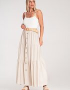 Figl Fusta maxi bej - bumbac - cu nasturi si volane - talie inalta - curea decorativa -