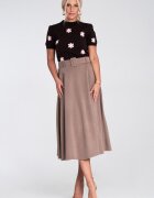 Figl Fusta midi bej - cu curea - material tricotat moale - croiala evazata