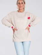 Figl Pulover dama - bej - tricotat - inimioare rosii - croiala lejera