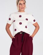 Figl Pulover dama - ecru - cu maneci scurte - model floral roz - material tricotaj sintetic