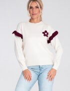 Figl Pulover dama ecru cu volane si aplicatii florale - tricotat viscoza