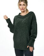 Figl Pulover dama oversize - guler barca - masliniu inchis - material tricotat cu lana -