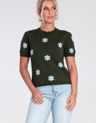 Figl Pulover dama - verde - cu maneca scurta - model floral roz - tricotaj viscoza