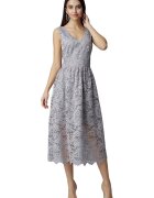 Figl Rochie de seara lunga din dantela - gri - fara maneci - cu decolteu elegant - captusita - poliester