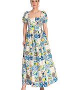 Figl Rochie decolteu patrat - maneci bufante - albastra - bumbac/elastan -