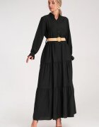 Figl Rochie lunga casual cu volane - neagra - cu curea -