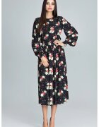Figl Rochie lunga M600 - florala - neagra - din poliester - cu maneci lungi -