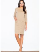 Figl Rochie M205 - bumbac - bej - maneca lunga - cu buzunare -